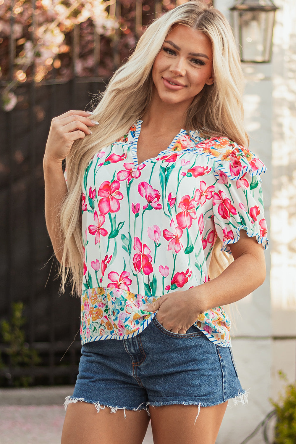 Pink Floral Print Striped Detail Split Neck Short Sleeve Blouse