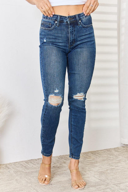 Judy Blue Full Size Mid Waist Distressed Slim Jeans Carauana Store