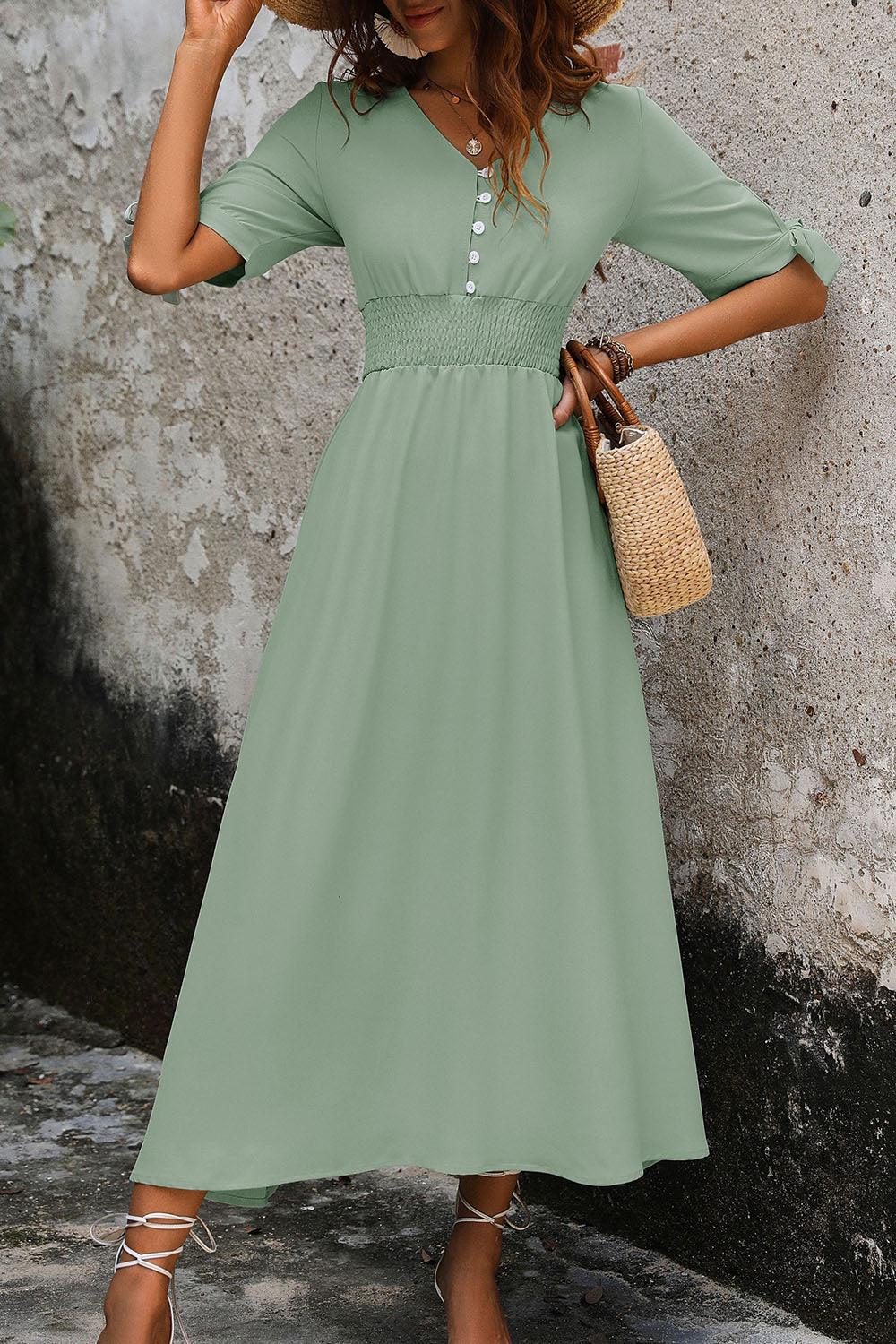 Smocked Quarter Button Short Sleeve Dress Carauana Store