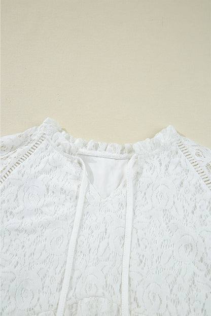 White Tie V Neck Lace Ruffle Detail Long Sleeve Blouse