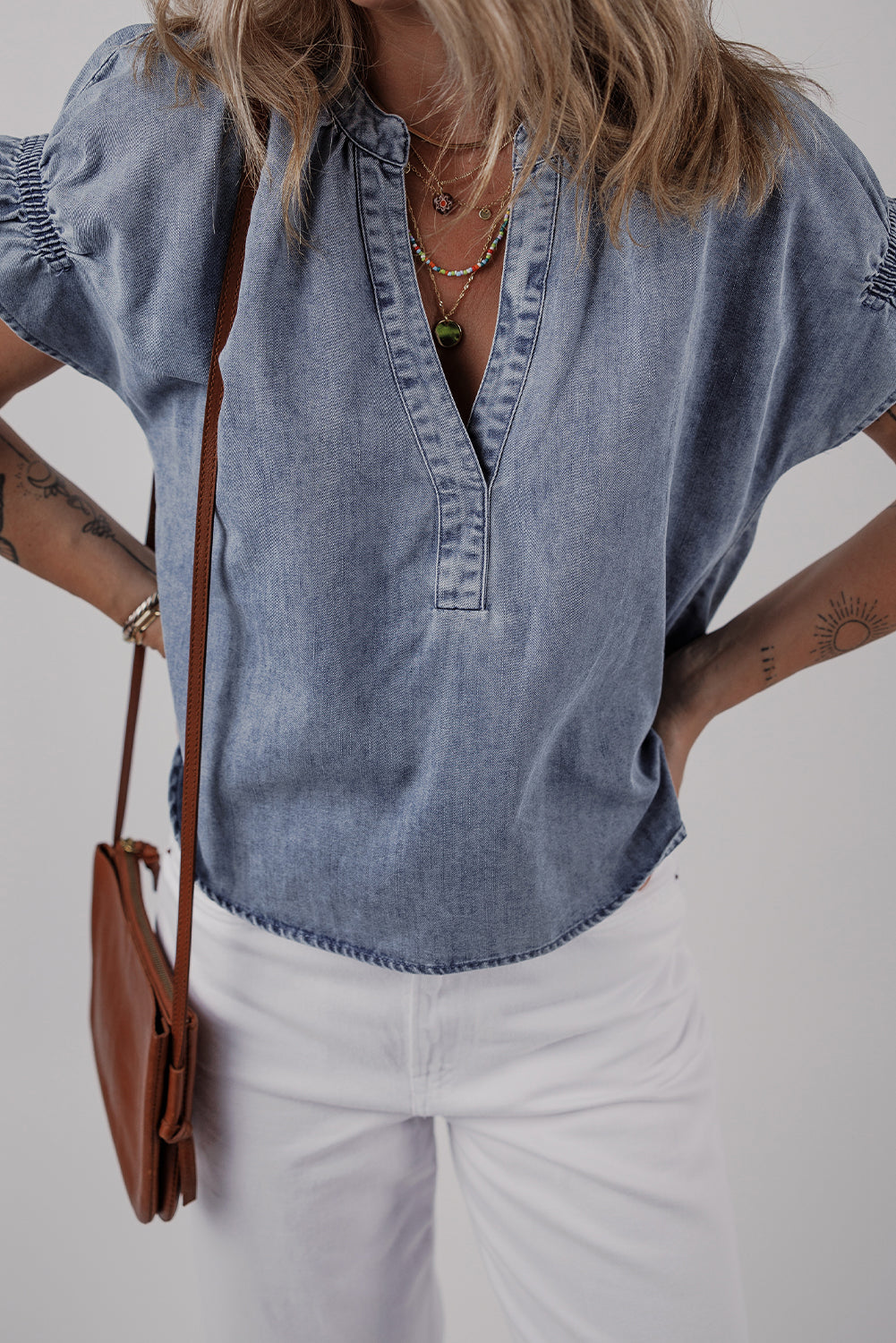 Dusk Blue V Neck Ruffled Short Puff Sleeve Denim Top