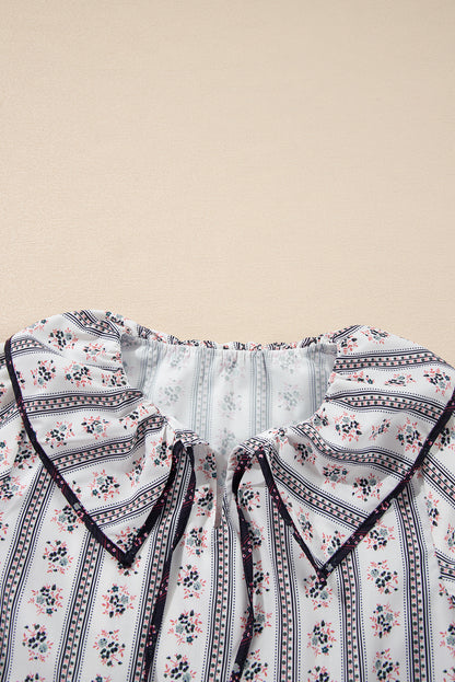 White Floral Ruffled Collar Short Puff Sleeve Printed Blouse