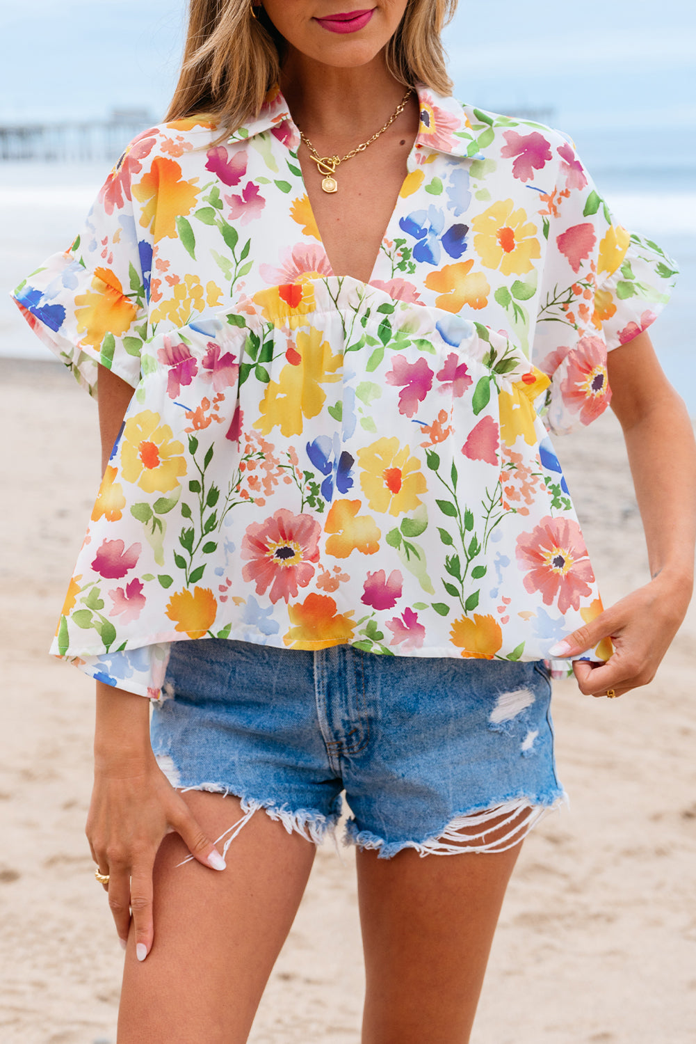 Yellow Floral Boxy Fit Ruffled Short Sleeve V Neck Blouse