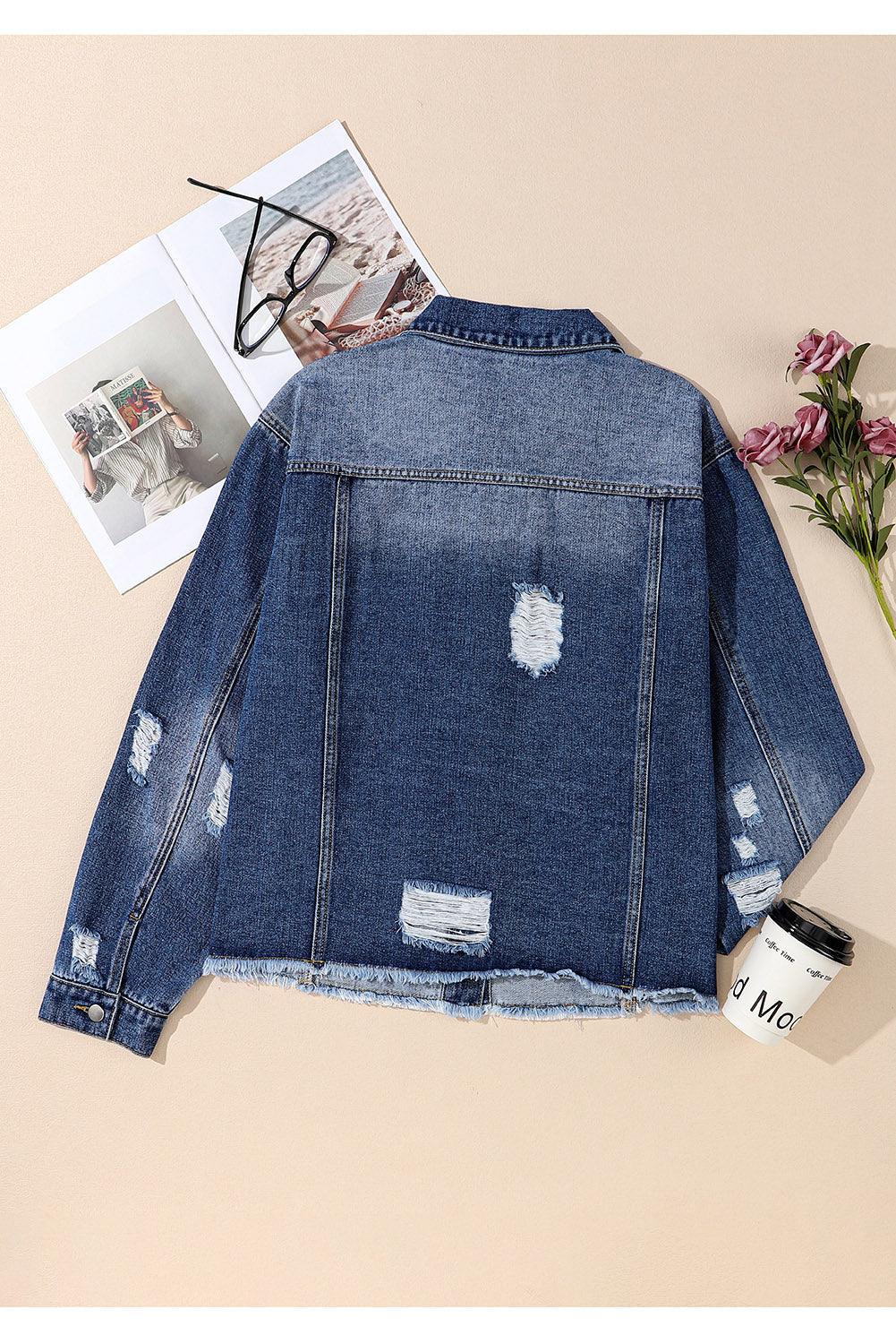 Plus Size Distressed Button Up Raw Hem Denim Jacket Carauana Store