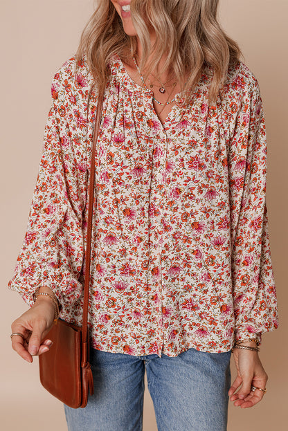 Red Floral Print Pleated Detail Notched Neck Puff Sleeve Blouse