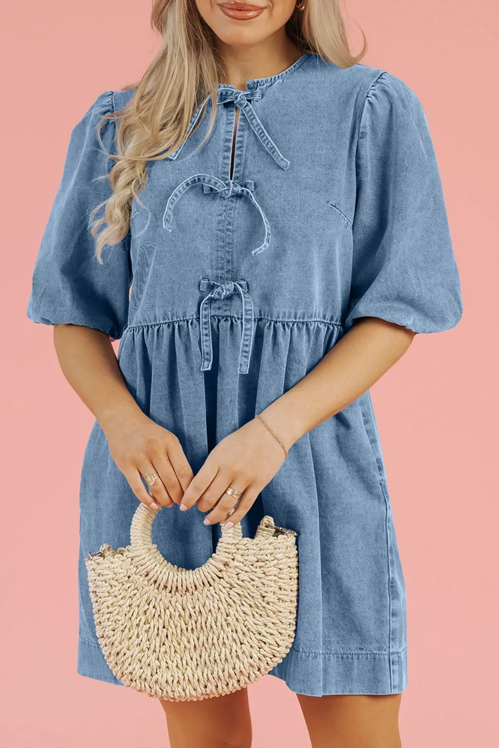 Bowknot Round Neck Half Sleeve Denim Dress Carauana Store