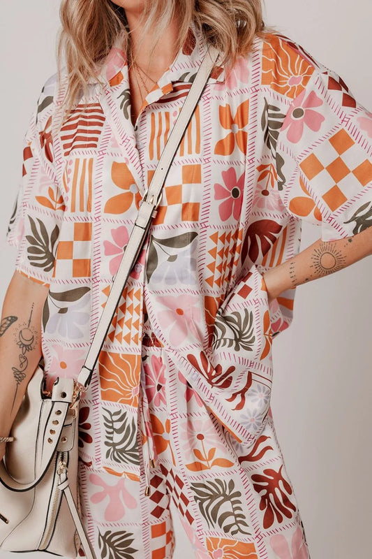 Printed Collared Neck Shirt and Wide Leg Pants Set Carauana Store