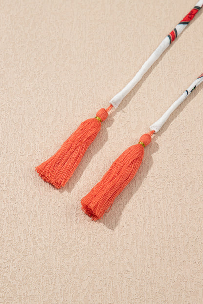 White Floral Print Contrast V Neck Tassel Tie Lace Detail Short Sleeve Blouse