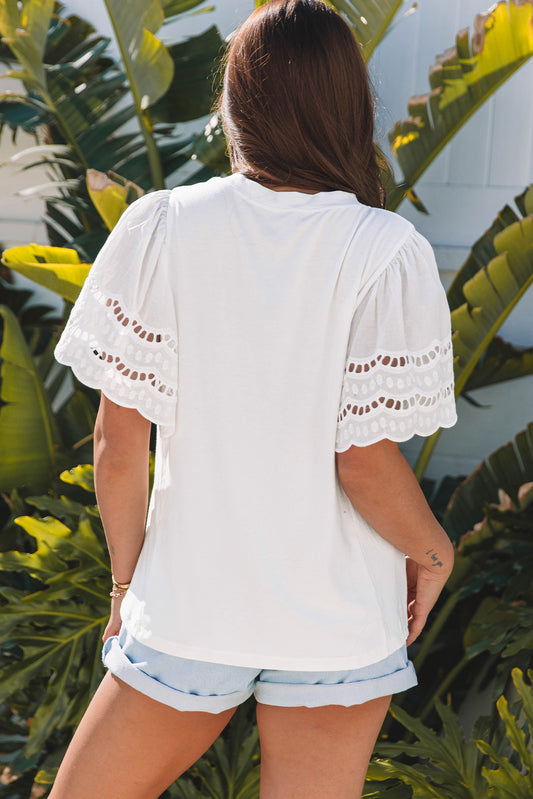White Hollow Out Embroidered Short Sleeve O Neck Top
