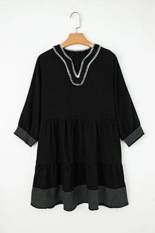 Black Contrast Stitched V Neck 3/4 Sleeve Tiered Mini Dress