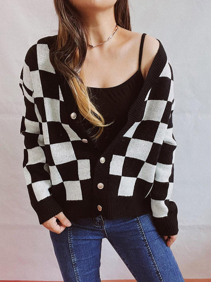 Checkered Open Front Button Up Cardigan Carauana Store
