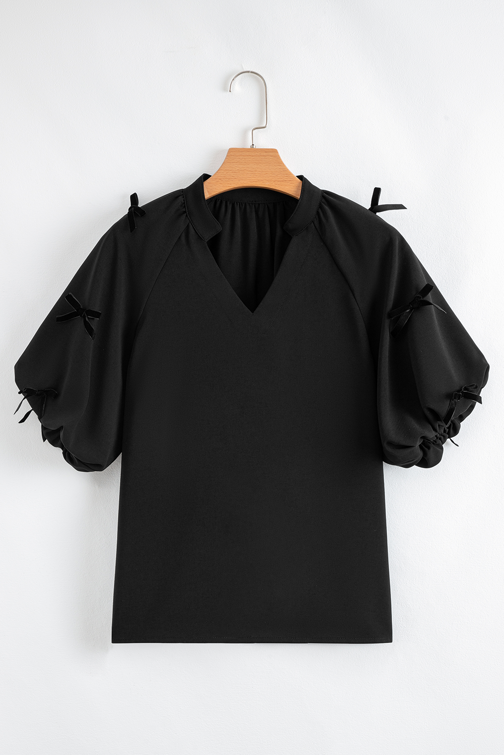 Black Bow Decor Puff Sleeve Split Neck Blouse