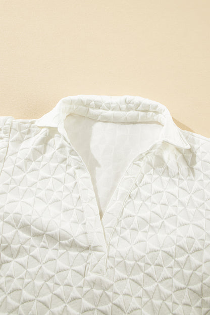 White Textured Puff Half Sleeve Collared V Neck Top