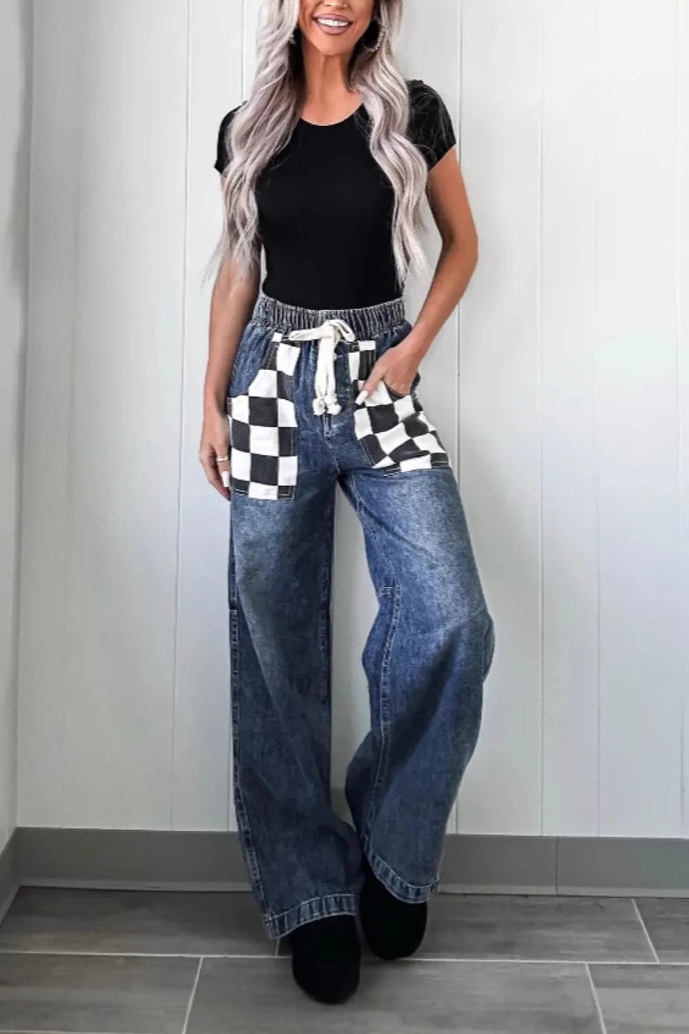 Checkered Wide Leg Jeans Carauana Store