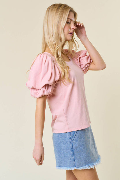Light Pink Scoop Neck Bubble Sleeve Tee