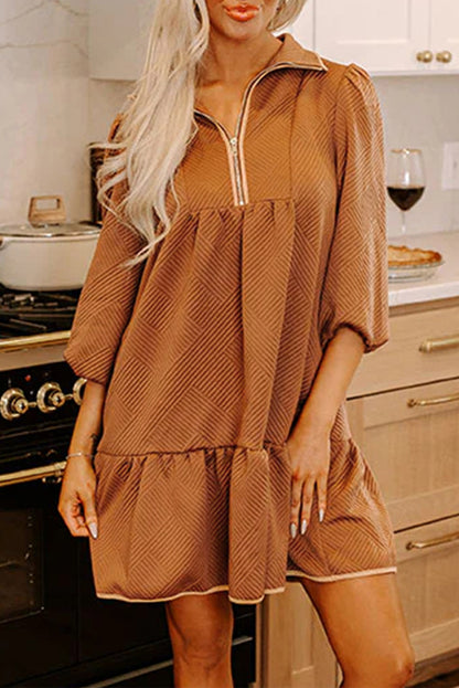 Desert Gold Quarter Zip Collar Bracelet Sleeve Textured Mini Dress