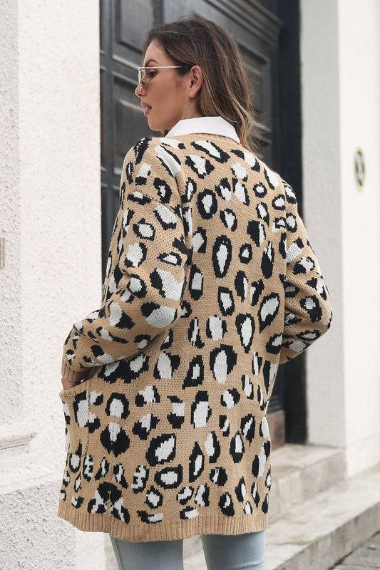 Leopard Open Front Cardigan with Pockets Carauana Store