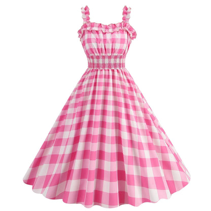 Barbie pink Dress - with a pink plaid pattern 2023 - trendy Strapless Cocktail Rockabilly Party Swing Sweet Girls for cocktail parties and rockabilly events Carauana Store