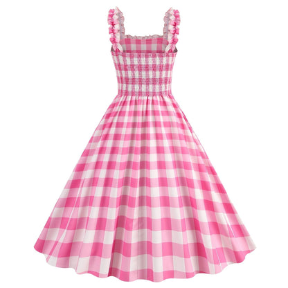 Barbie pink Dress - with a pink plaid pattern 2023 - trendy Strapless Cocktail Rockabilly Party Swing Sweet Girls for cocktail parties and rockabilly events Carauana Store