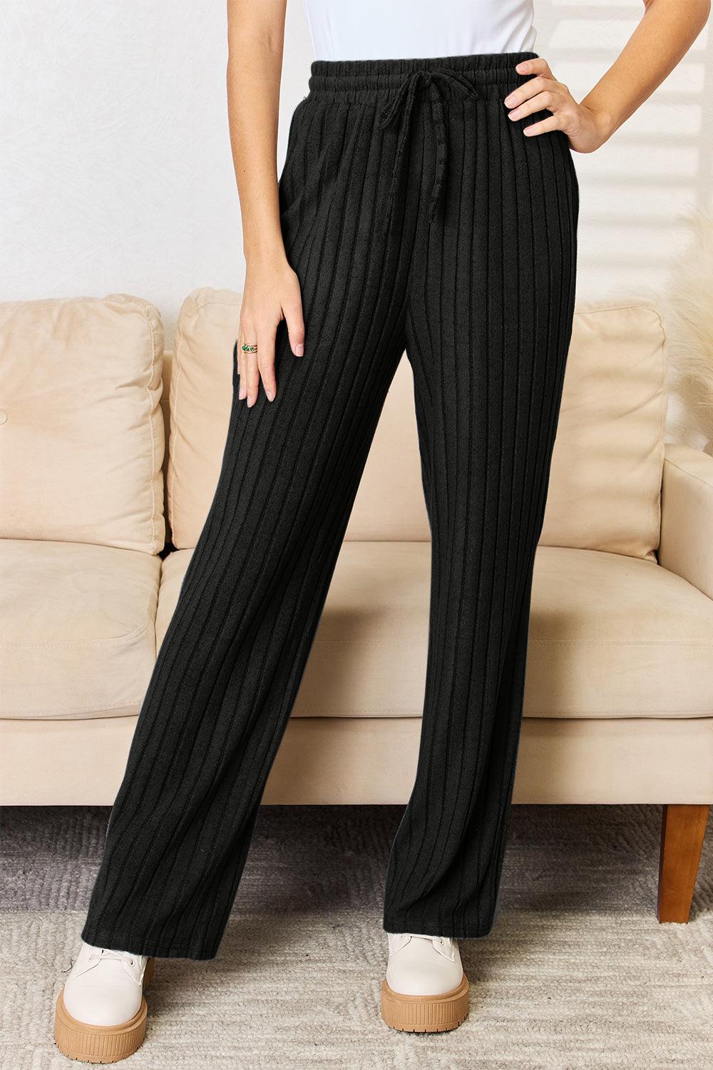 Basic Bae Full Size Ribbed Drawstring Hood Top and Straight Pants Set Carauana Store