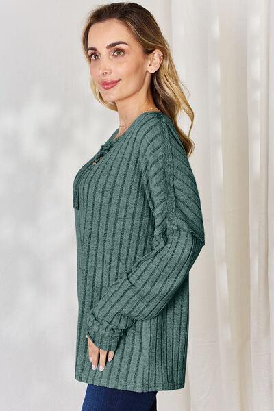 Basic Bae Full Size Ribbed Half Button Long Sleeve Shirt Carauana Store
