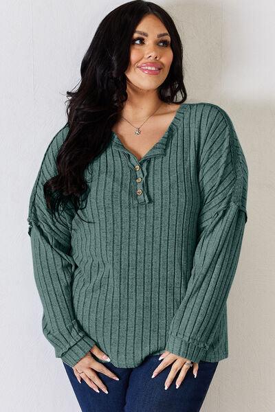 Basic Bae Full Size Ribbed Half Button Long Sleeve Shirt Carauana Store