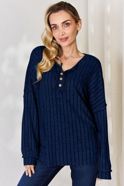Basic Bae Full Size Ribbed Half Button Long Sleeve Shirt Carauana Store