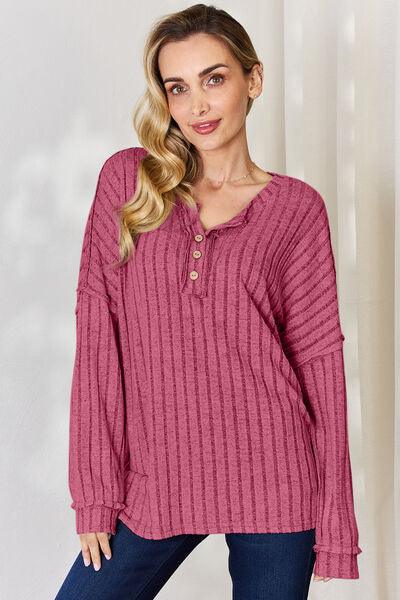 Basic Bae Full Size Ribbed Half Button Long Sleeve Shirt Carauana Store