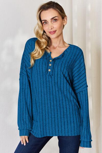 Basic Bae Full Size Ribbed Half Button Long Sleeve Shirt Carauana Store
