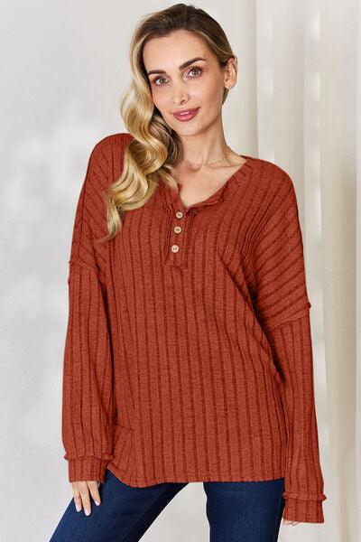 Basic Bae Full Size Ribbed Half Button Long Sleeve Shirt Carauana Store