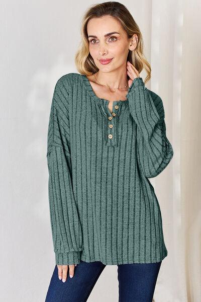 Basic Bae Full Size Ribbed Half Button Long Sleeve Shirt Carauana Store