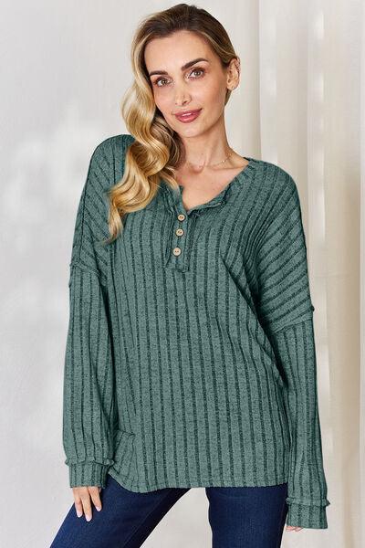 Basic Bae Full Size Ribbed Half Button Long Sleeve Shirt Carauana Store