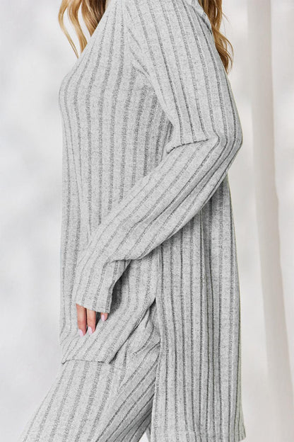 Basic Bae Full Size Ribbed High-Low Top and Wide Leg Pants Set Carauana Store