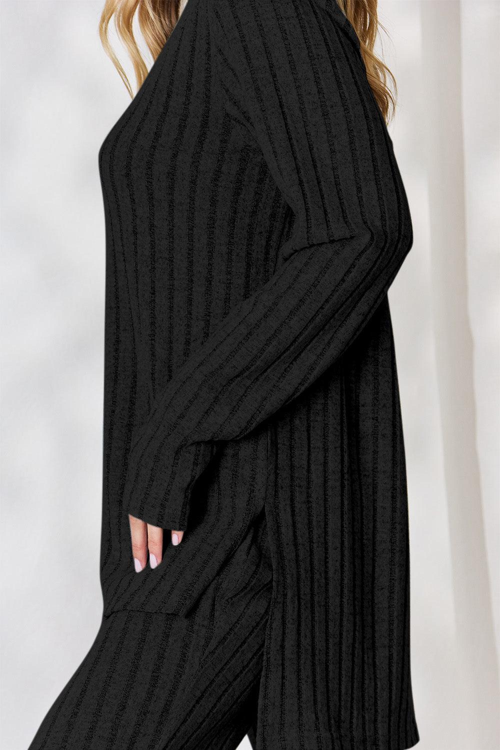 Basic Bae Full Size Ribbed High-Low Top and Wide Leg Pants Set Carauana Store