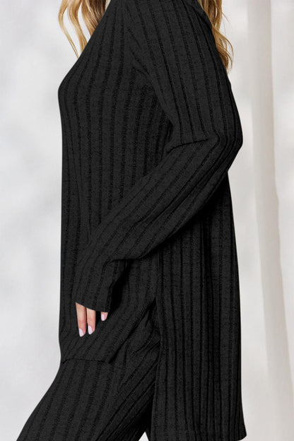 Basic Bae Full Size Ribbed High-Low Top and Wide Leg Pants Set Carauana Store