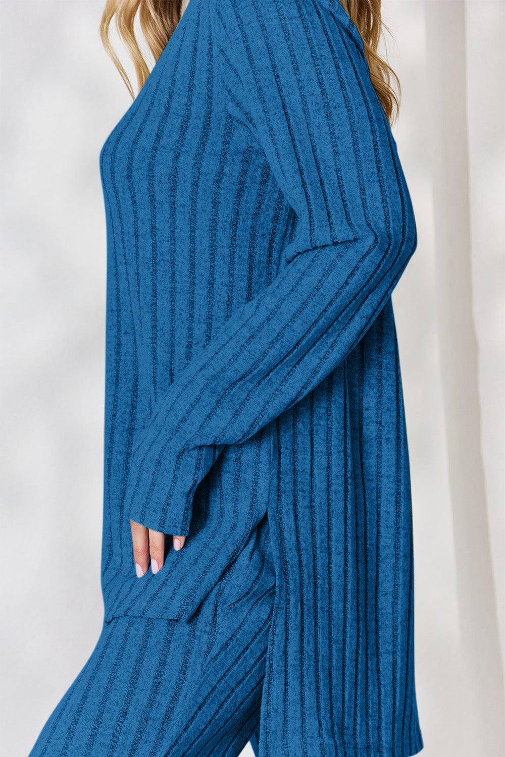 Basic Bae Full Size Ribbed High-Low Top and Wide Leg Pants Set Carauana Store