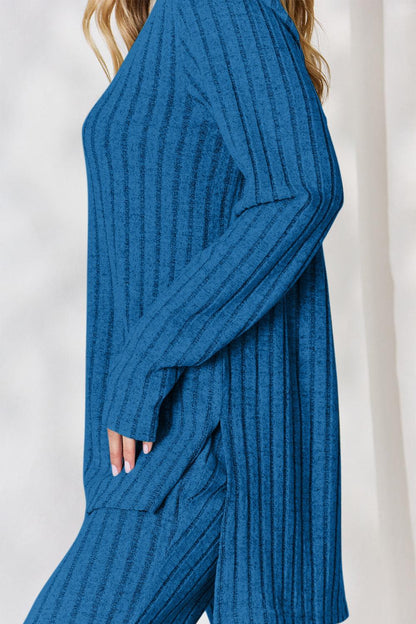 Basic Bae Full Size Ribbed High-Low Top and Wide Leg Pants Set Carauana Store