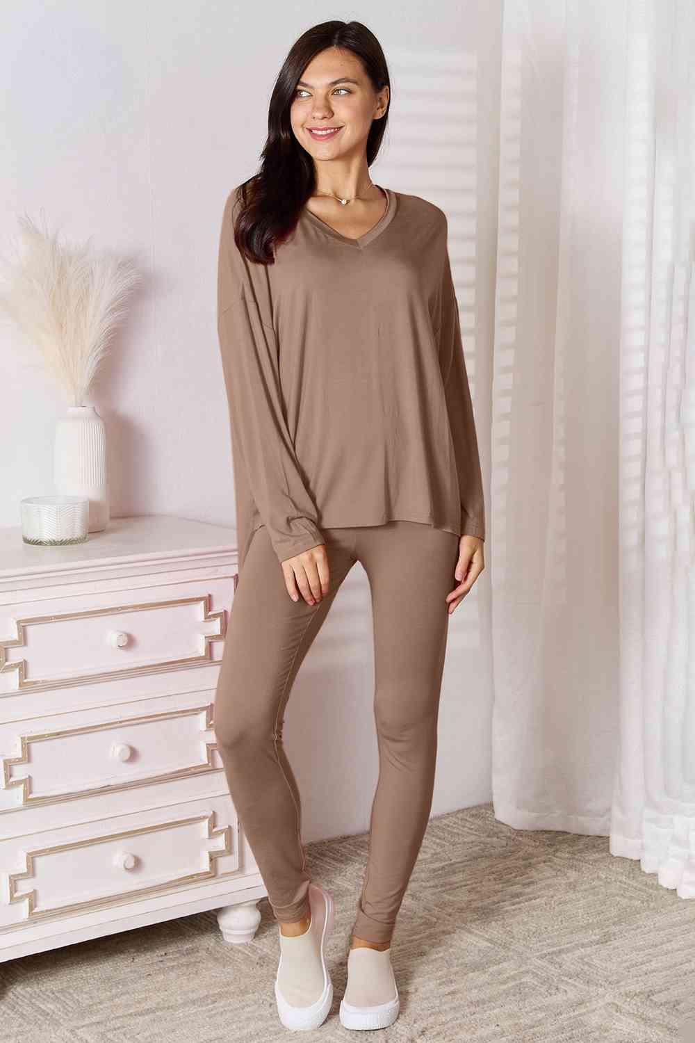 Basic Bae Full Size V-Neck Soft Rayon Long Sleeve Top and Pants Lounge Set Carauana Store
