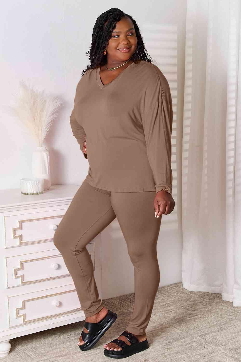 Basic Bae Full Size V-Neck Soft Rayon Long Sleeve Top and Pants Lounge Set Carauana Store
