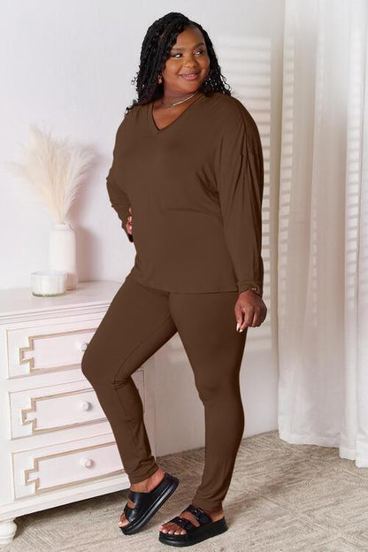 Basic Bae Full Size V-Neck Soft Rayon Long Sleeve Top and Pants Lounge Set Carauana Store