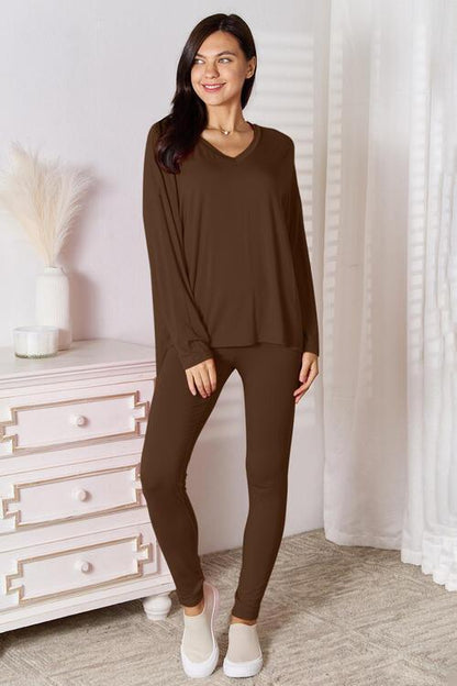 Basic Bae Full Size V-Neck Soft Rayon Long Sleeve Top and Pants Lounge Set Carauana Store