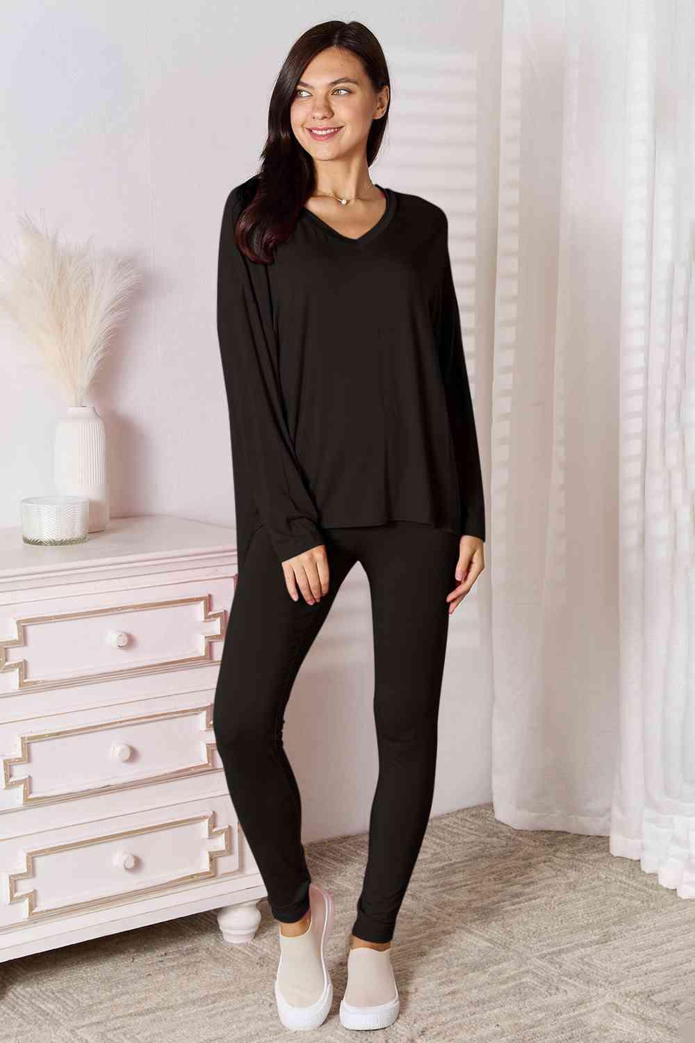 Basic Bae Full Size V-Neck Soft Rayon Long Sleeve Top and Pants Lounge Set Carauana Store