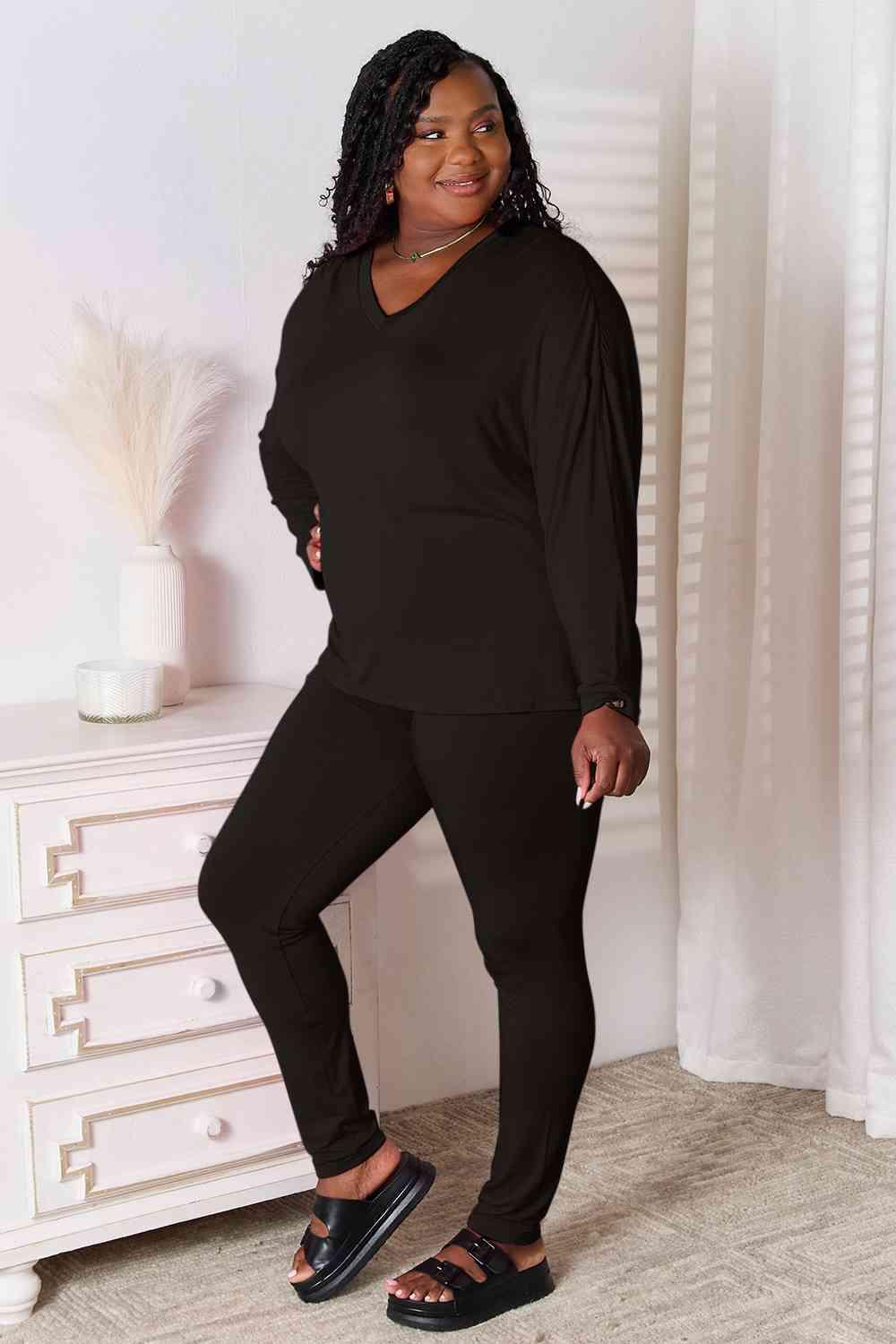 Basic Bae Full Size V-Neck Soft Rayon Long Sleeve Top and Pants Lounge Set Carauana Store