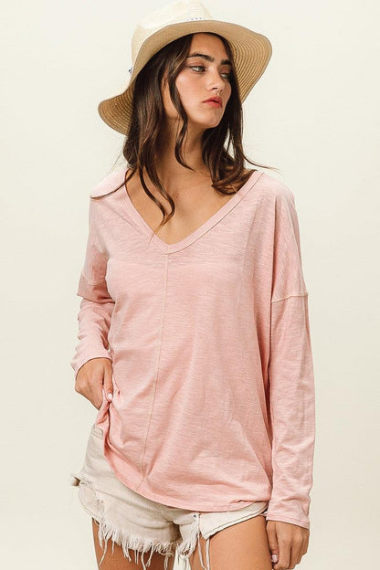 BiBi Exposed Seam V-Neck Long Sleeve T-Shirt Carauana Store