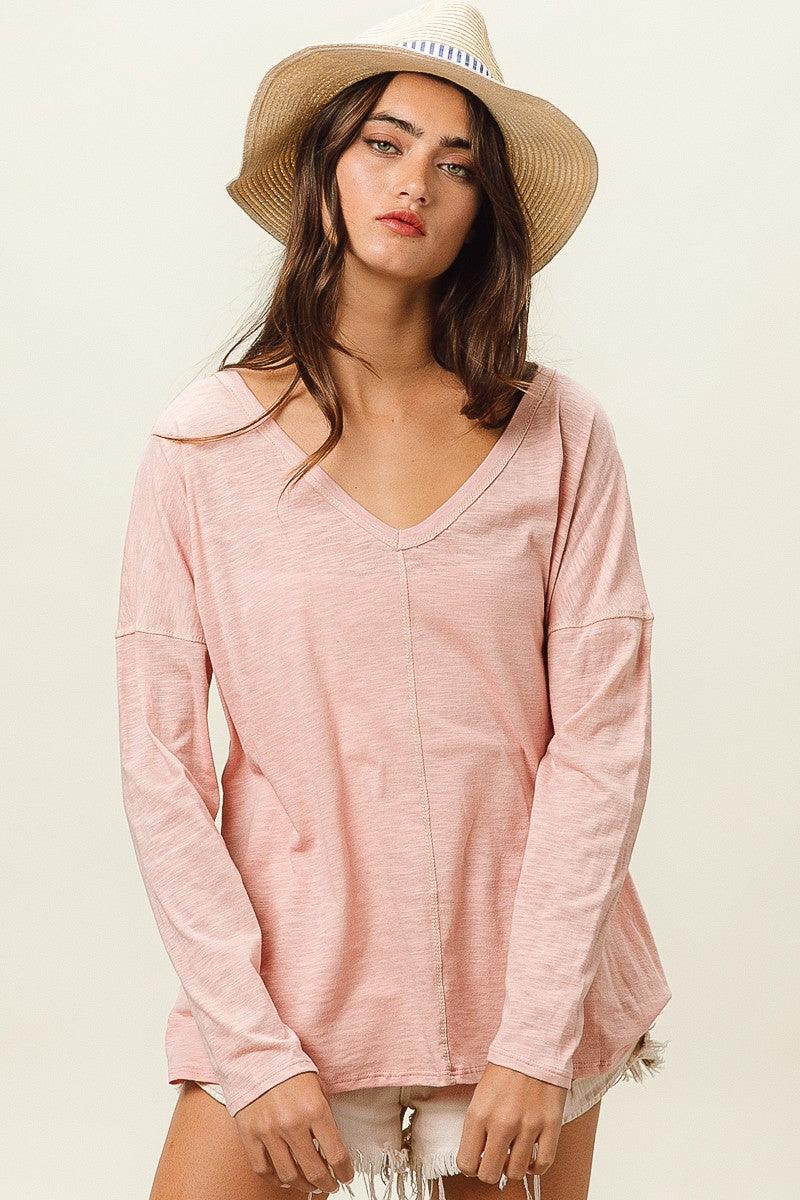 BiBi Exposed Seam V-Neck Long Sleeve T-Shirt Carauana Store