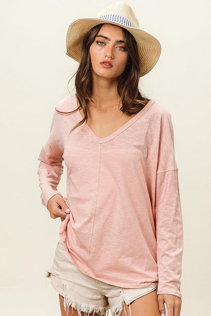 BiBi Exposed Seam V-Neck Long Sleeve T-Shirt Carauana Store