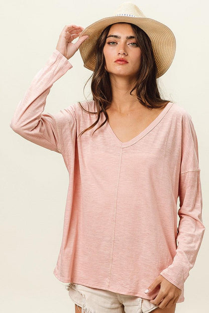 BiBi Exposed Seam V-Neck Long Sleeve T-Shirt Carauana Store