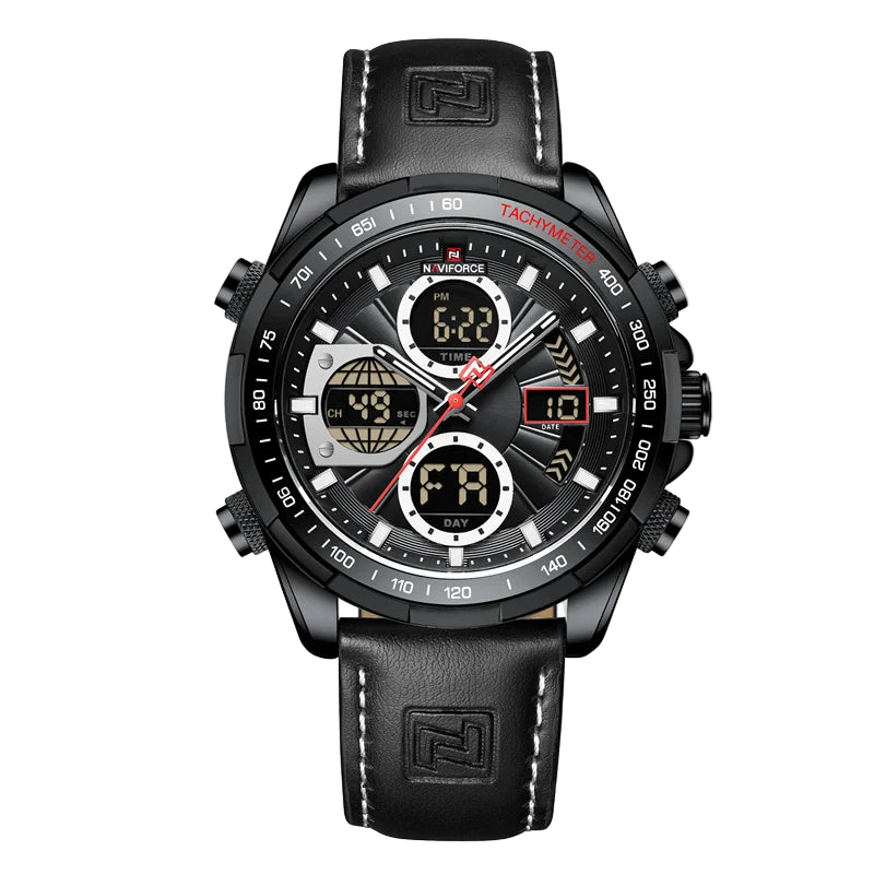 Black Naviforce watch with digital and analog display