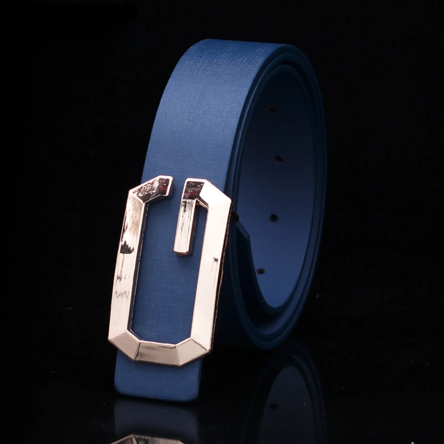 Blue belt with a gold buckle on a black background
