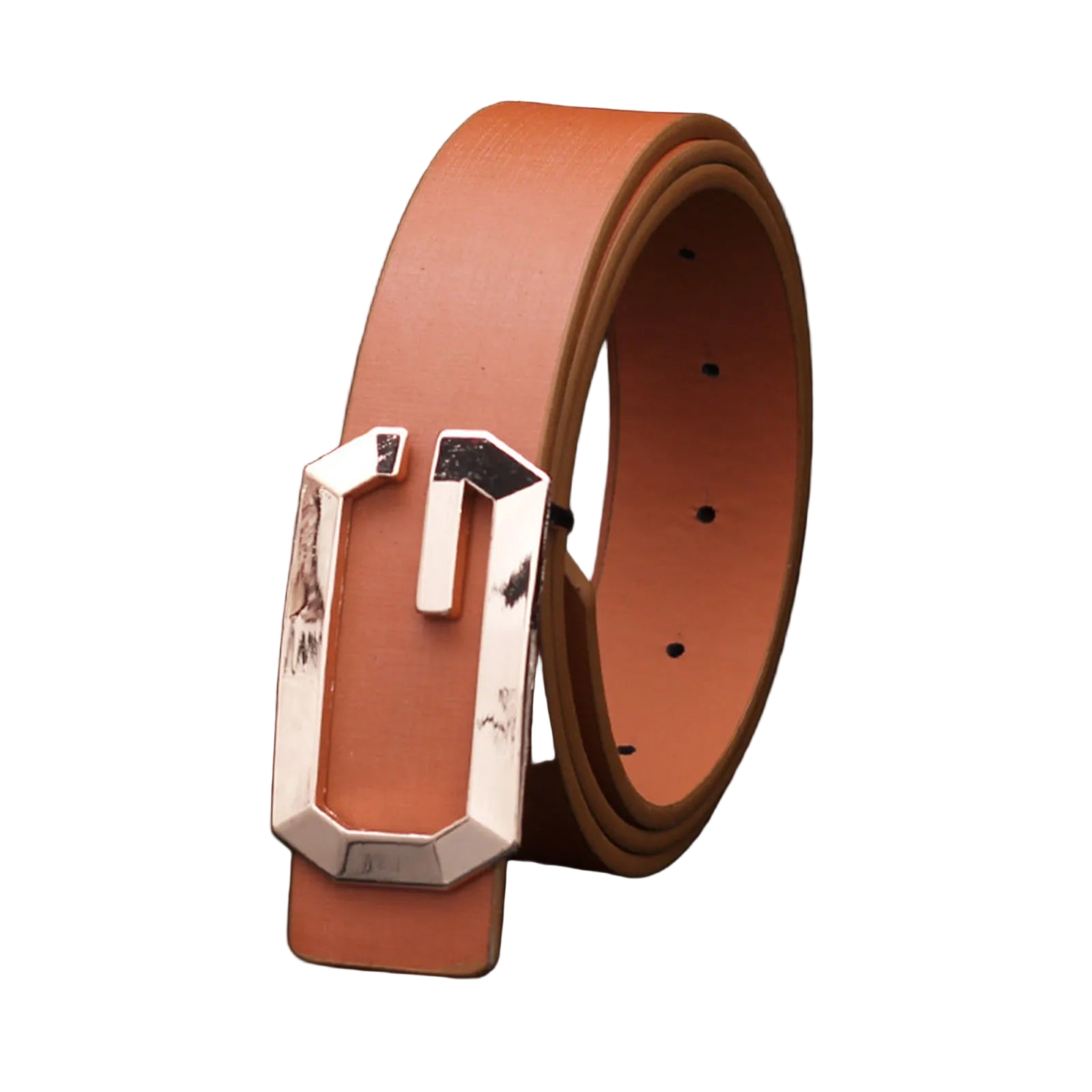 Brown leather belt with a silver buckle on a white background